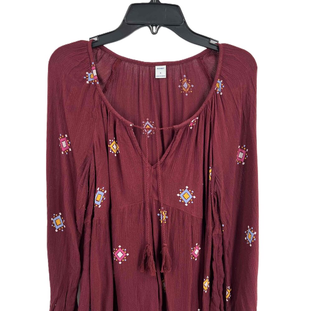 Old Navy Peasant Blouse Burgundy Tassel Tie Boho Embroidery Scoop Neck Small